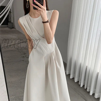 Hnewly New Spring Summer O Neck Solid Color Sleeveless Chic Dress For Women's French Waist Show Thin Temperament Goddess Fan Dress