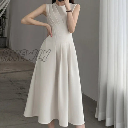 Hnewly New Spring Summer O Neck Solid Color Sleeveless Chic Dress For Women's French Waist Show Thin Temperament Goddess Fan Dress