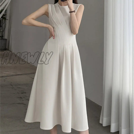 Hnewly New Spring Summer O Neck Solid Color Sleeveless Chic Dress For Women's French Waist Show Thin Temperament Goddess Fan Dress