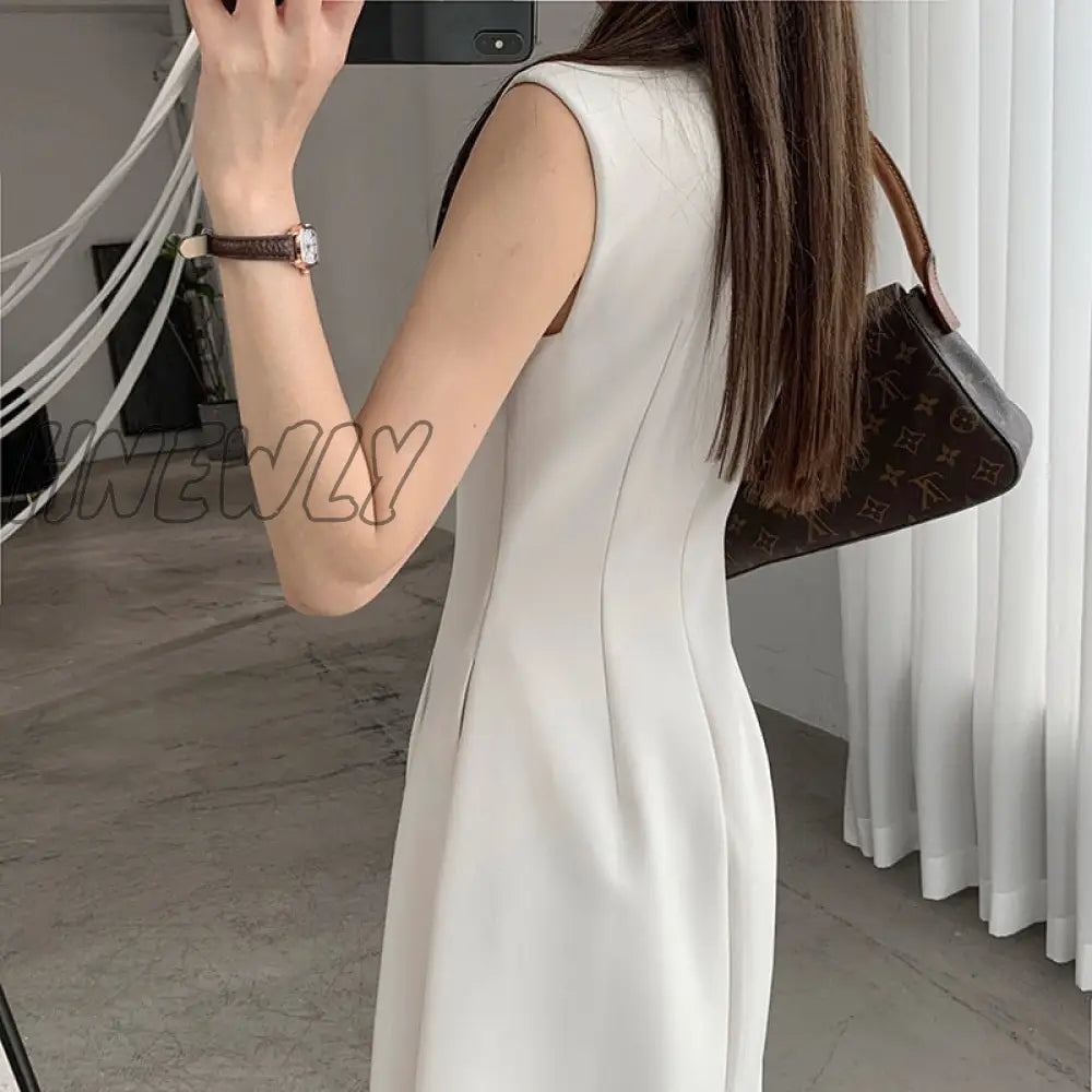 Hnewly New Spring Summer O Neck Solid Color Sleeveless Chic Dress For Women's French Waist Show Thin Temperament Goddess Fan Dress