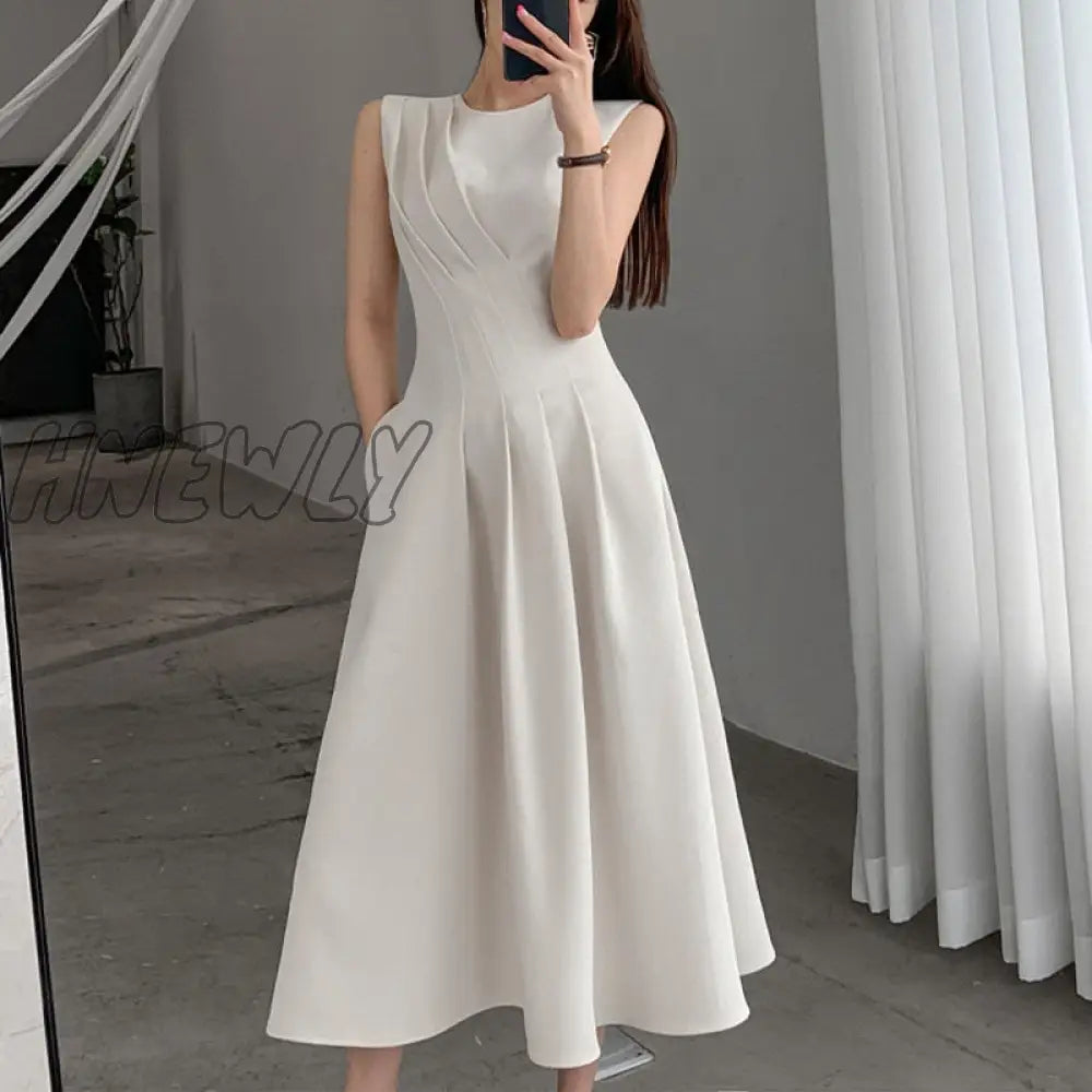 Hnewly New Spring Summer O Neck Solid Color Sleeveless Chic Dress For Women's French Waist Show Thin Temperament Goddess Fan Dress