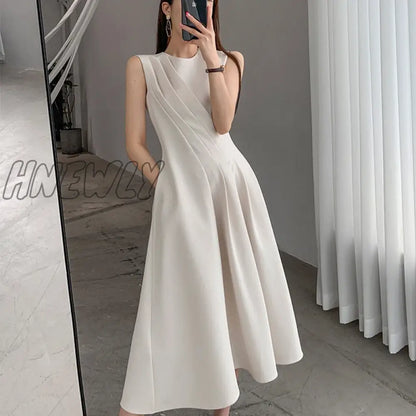 Hnewly New Spring Summer O Neck Solid Color Sleeveless Chic Dress For Women's French Waist Show Thin Temperament Goddess Fan Dress