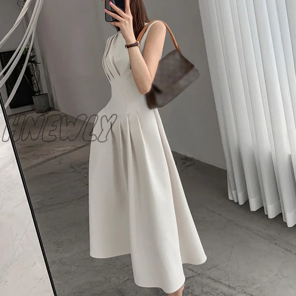 Hnewly New Spring Summer O Neck Solid Color Sleeveless Chic Dress For Women's French Waist Show Thin Temperament Goddess Fan Dress