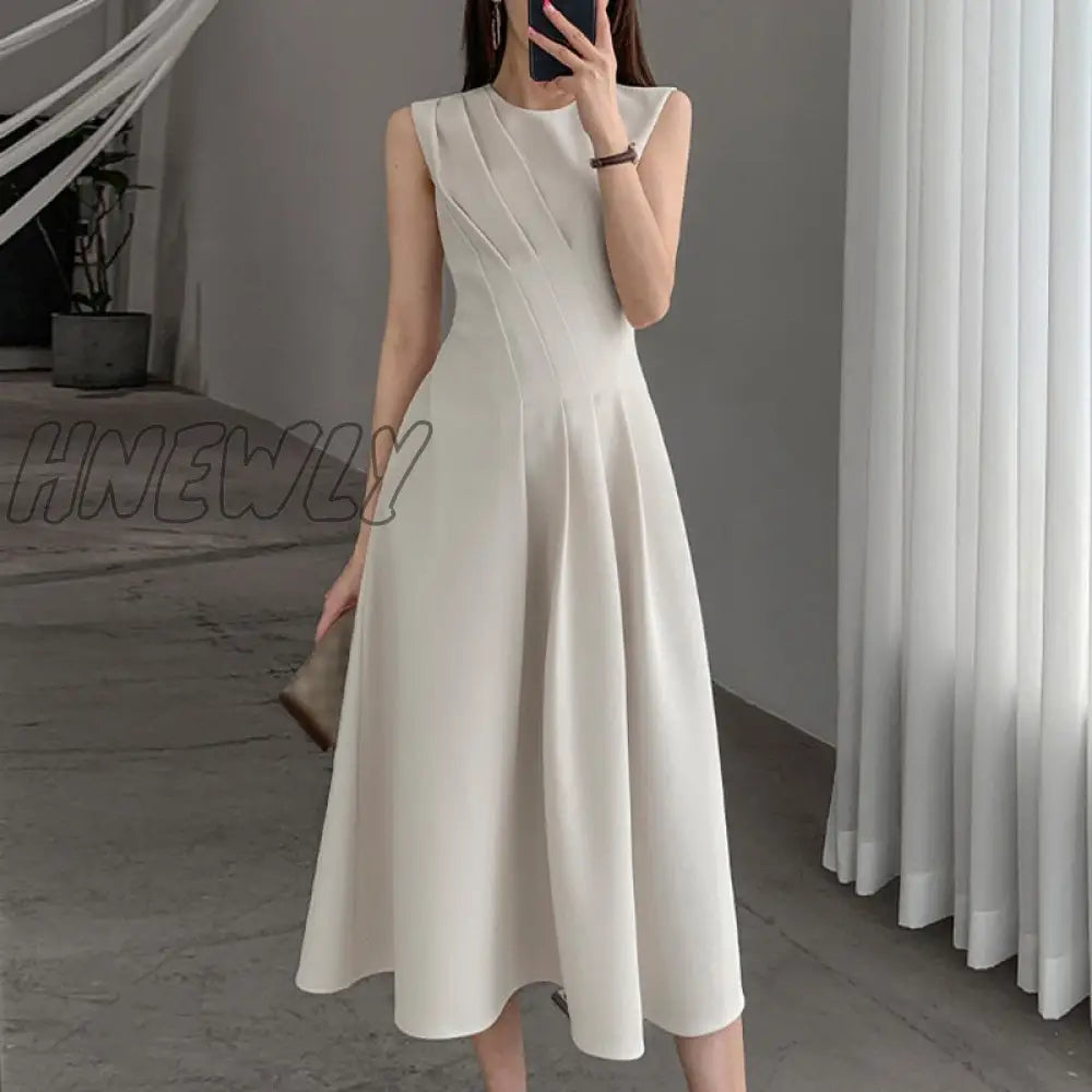 Hnewly New Spring Summer O Neck Solid Color Sleeveless Chic Dress For Women's French Waist Show Thin Temperament Goddess Fan Dress