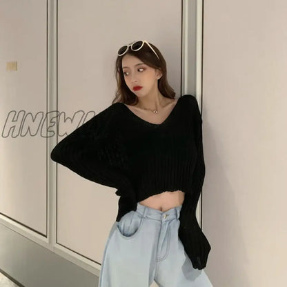 xsrrr New Spring Summer Women Casual Loose V-neck Knitted Long Sleeve T-shirt Autumn Sexy Club Solid Off Shoulder Thin Crop Tops Shirt