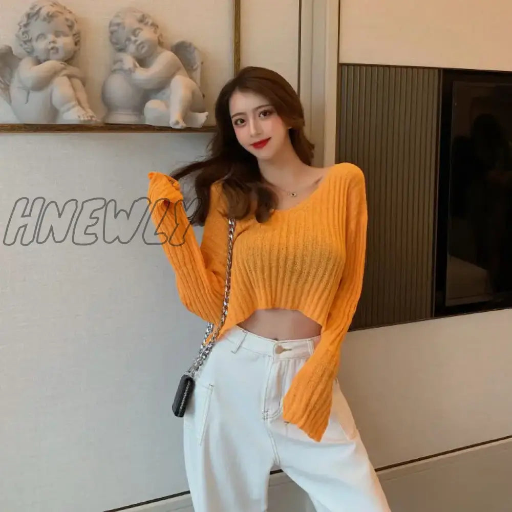 xsrrr New Spring Summer Women Casual Loose V-neck Knitted Long Sleeve T-shirt Autumn Sexy Club Solid Off Shoulder Thin Crop Tops Shirt