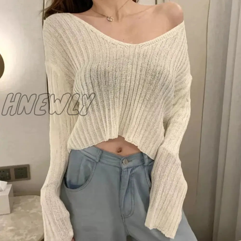 xsrrr New Spring Summer Women Casual Loose V-neck Knitted Long Sleeve T-shirt Autumn Sexy Club Solid Off Shoulder Thin Crop Tops Shirt