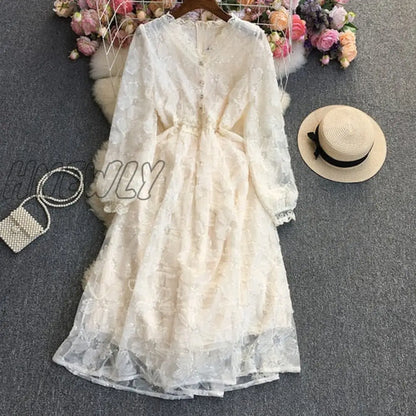 Hnewly New Spring Summer Women Elegant Embroidery Lace Long Dress Lady Fashion Slim High Waist A-line Gauze Dresses