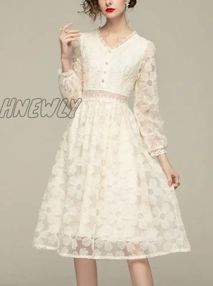 Hnewly New Spring Summer Women Elegant Embroidery Lace Long Dress Lady Fashion Slim High Waist A-line Gauze Dresses