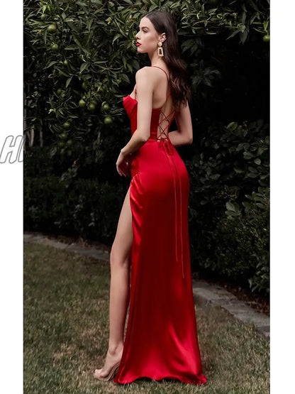 xsrrr New Summer Prom Dress Women's Sling Sleeveless Solid Color Dress One Word Neck Slim Fit Open Back Slit Red Sexy Dress