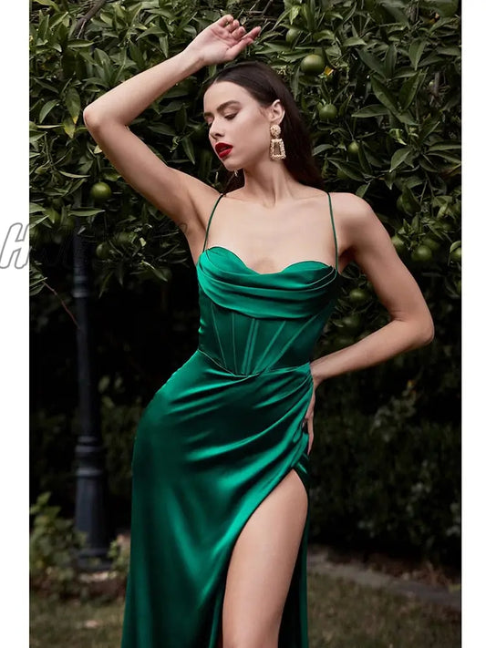 xsrrr New Summer Prom Dress Women's Sling Sleeveless Solid Color Dress One Word Neck Slim Fit Open Back Slit Red Sexy Dress