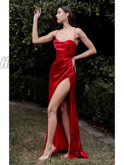 xsrrr New Summer Prom Dress Women's Sling Sleeveless Solid Color Dress One Word Neck Slim Fit Open Back Slit Red Sexy Dress