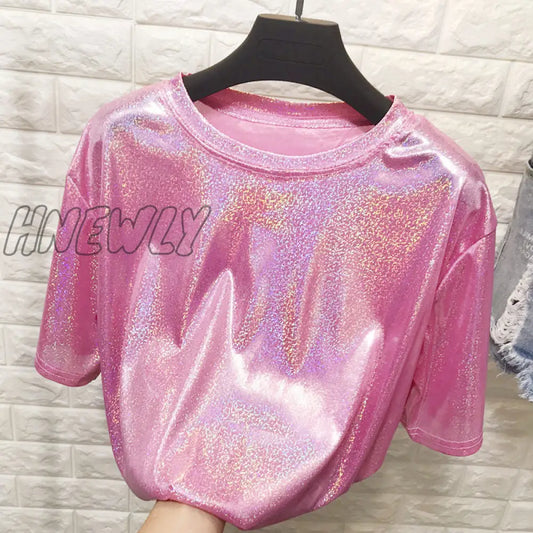 xsrrr New summer retro style stylish bright silk woman tops shiny loose short sleeve t-shirt sexy club aesthetic harajuku women tshirt Edgy Style