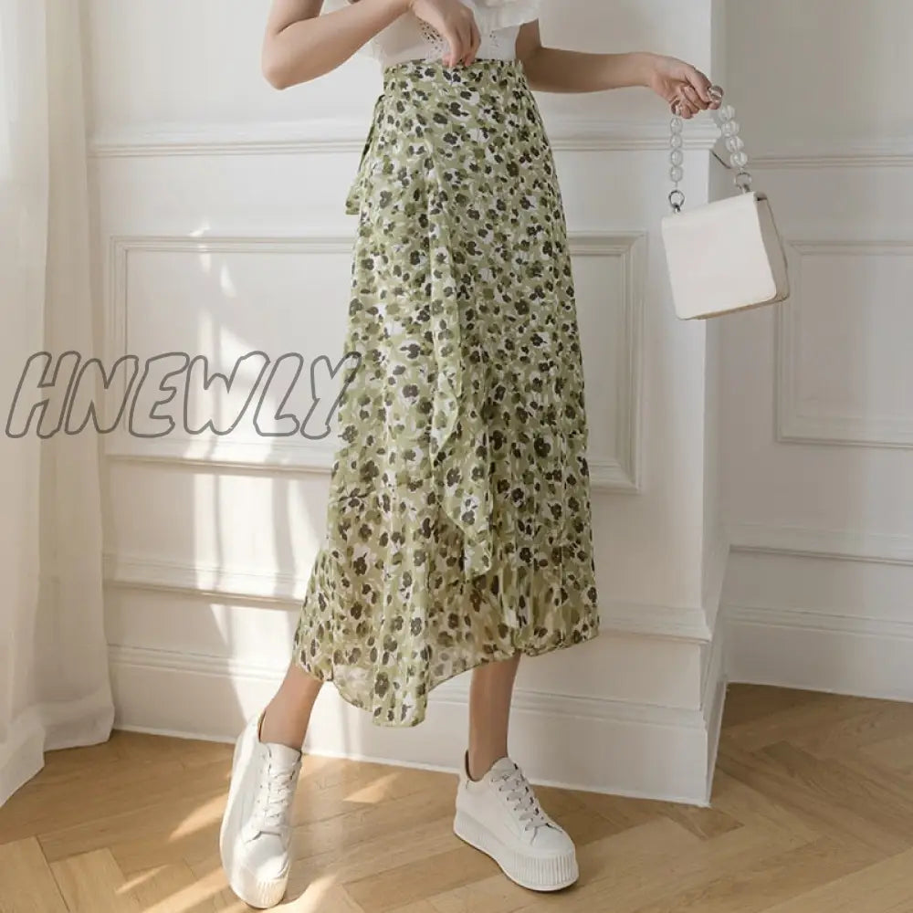 Hnewly New Summer Skirts Female Elegant French Style Ruffled Fishtail A-line High Waist Adjustable One-piece Floral Skirt