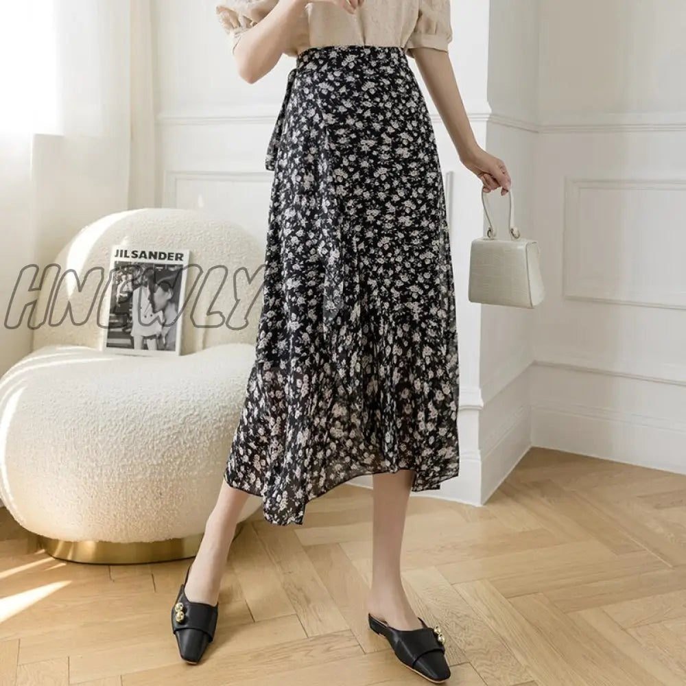 Hnewly New Summer Skirts Female Elegant French Style Ruffled Fishtail A-line High Waist Adjustable One-piece Floral Skirt