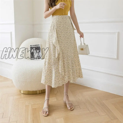 Hnewly New Summer Skirts Female Elegant French Style Ruffled Fishtail A-line High Waist Adjustable One-piece Floral Skirt