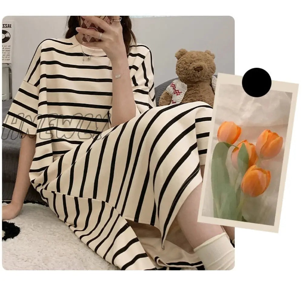 xsrrr New Summer Sleepwear Nightgowns Women Striped Nightdress Ladies Sweet Cute Nightshirt Loose Large Size Home Clothes M-3XL