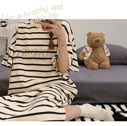 xsrrr New Summer Sleepwear Nightgowns Women Striped Nightdress Ladies Sweet Cute Nightshirt Loose Large Size Home Clothes M-3XL