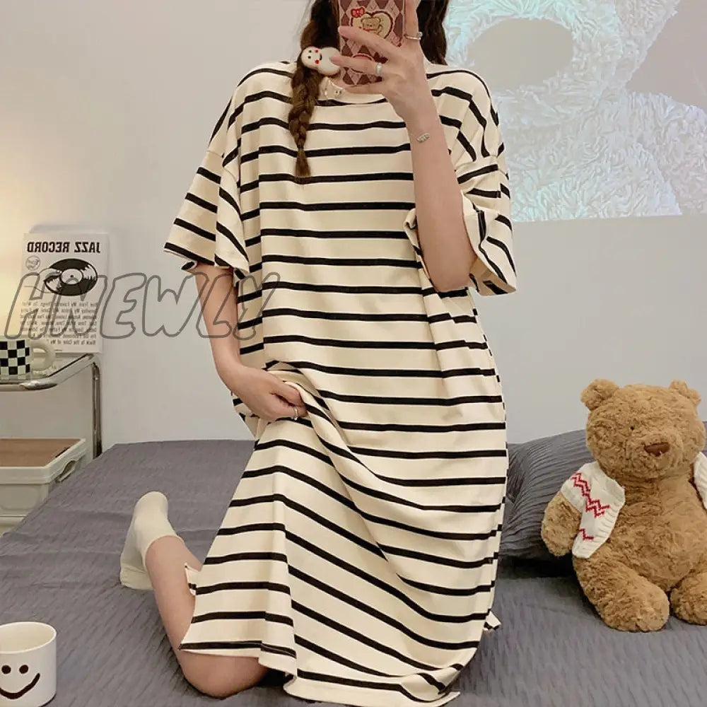 xsrrr New Summer Sleepwear Nightgowns Women Striped Nightdress Ladies Sweet Cute Nightshirt Loose Large Size Home Clothes M-3XL