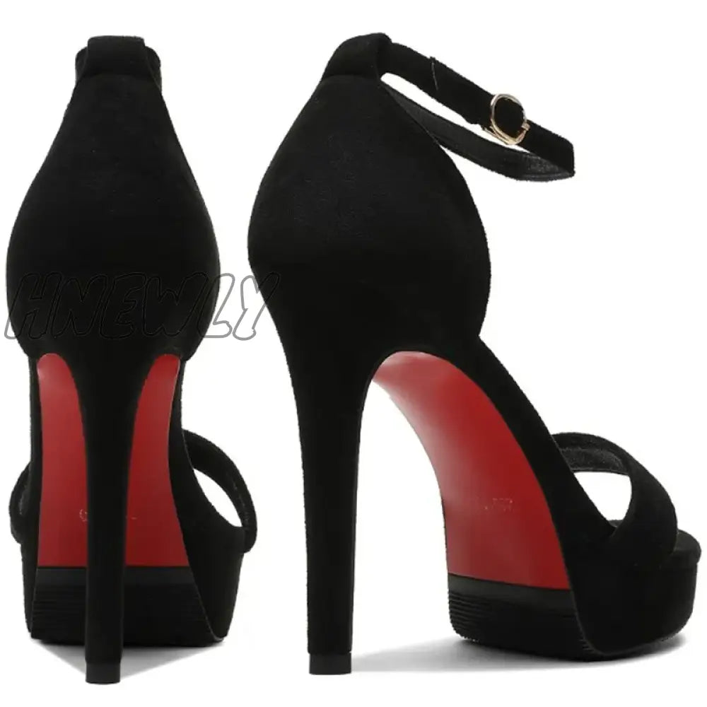 Hnewly New Summer Women 12cm High Heels 2cm Platform Suede Black Sandals Lady Stiletto Heels Strappy Sandles Catwalk Fetish Shoes