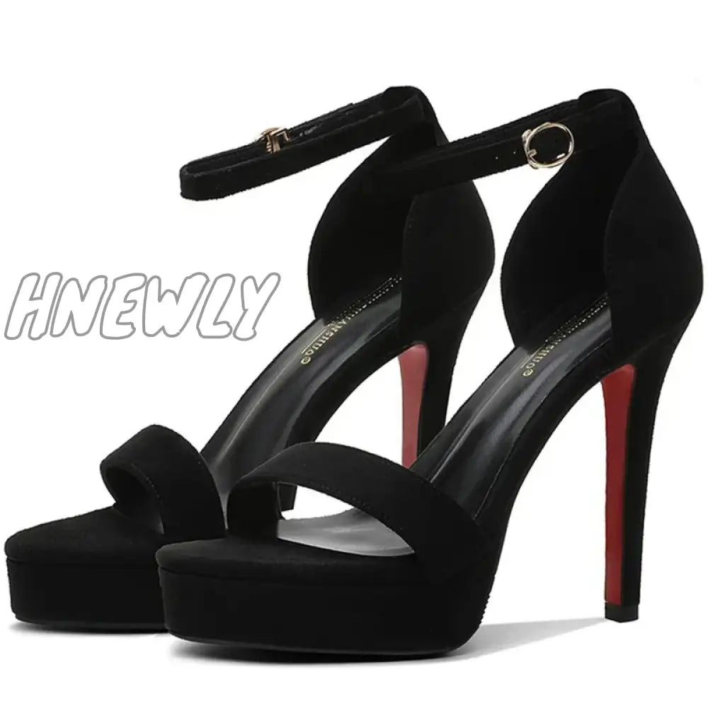 Hnewly New Summer Women 12cm High Heels 2cm Platform Suede Black Sandals Lady Stiletto Heels Strappy Sandles Catwalk Fetish Shoes