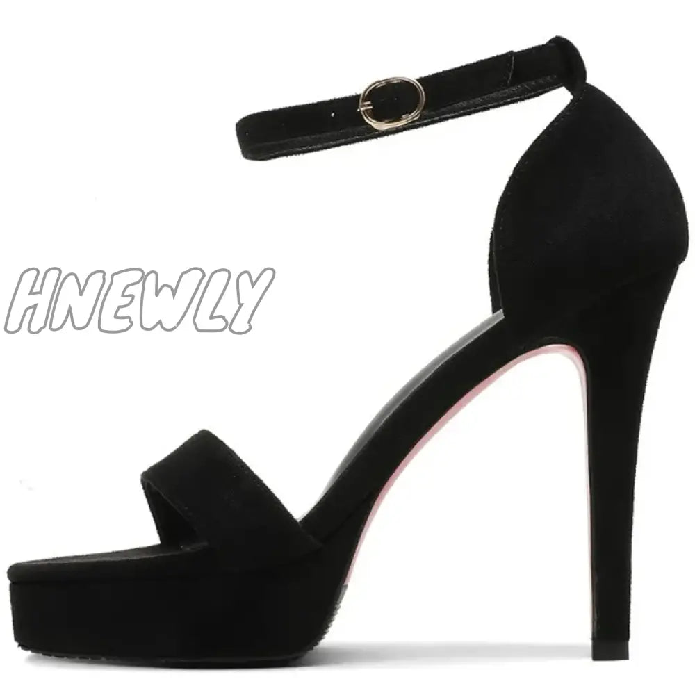 Hnewly New Summer Women 12cm High Heels 2cm Platform Suede Black Sandals Lady Stiletto Heels Strappy Sandles Catwalk Fetish Shoes