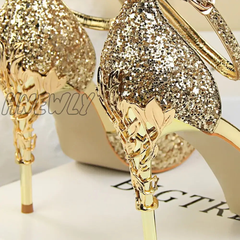 Hnewly New Summer Women 7.5cm 9.5cm High Heels Bling Sandals Lady Wedding Bridal Low Heels Gold Silver Sandles Sparkly Sequins Shoes