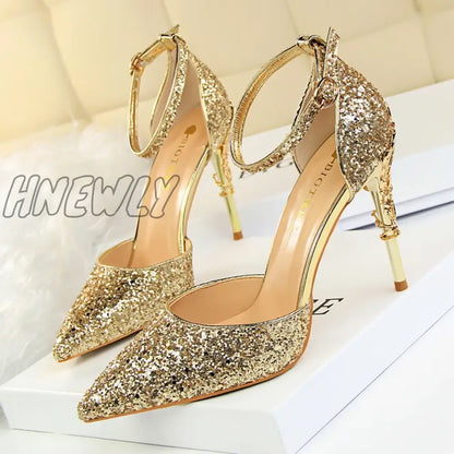 Hnewly New Summer Women 7.5cm 9.5cm High Heels Bling Sandals Lady Wedding Bridal Low Heels Gold Silver Sandles Sparkly Sequins Shoes