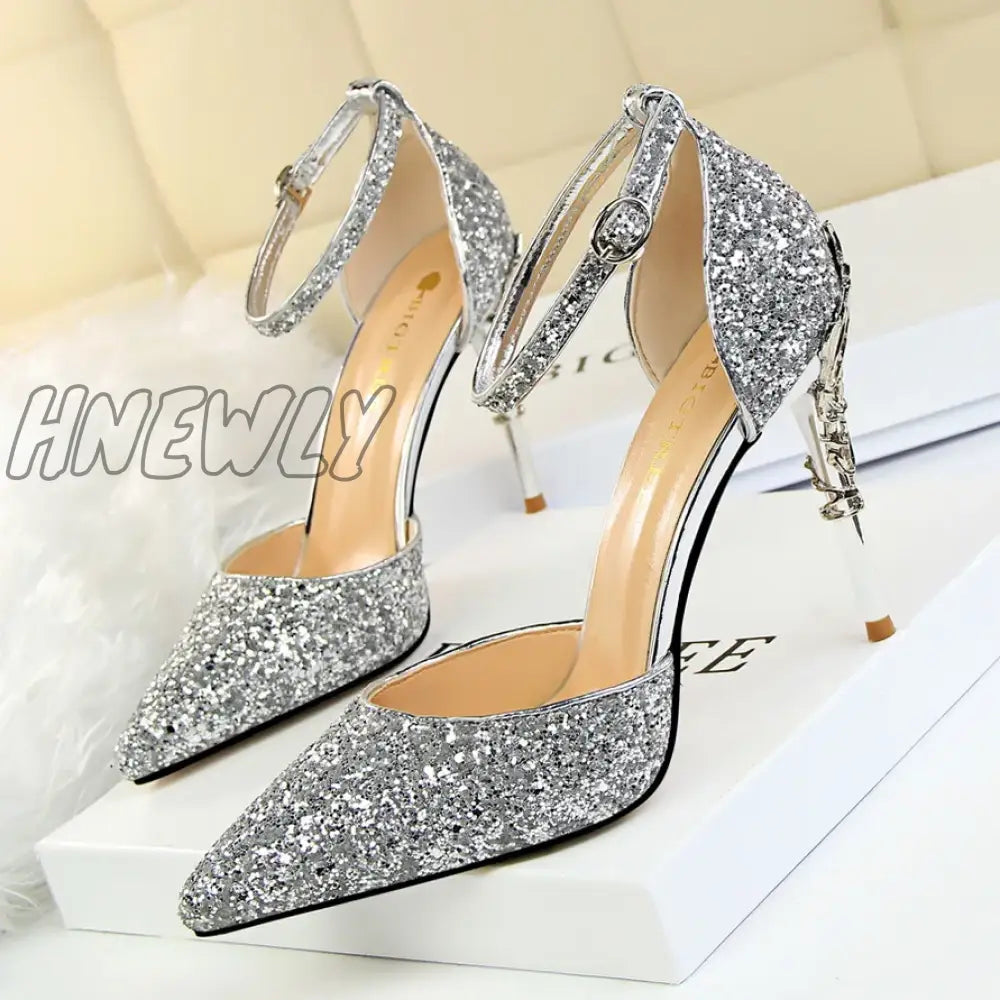 Hnewly New Summer Women 7.5cm 9.5cm High Heels Bling Sandals Lady Wedding Bridal Low Heels Gold Silver Sandles Sparkly Sequins Shoes