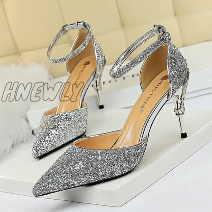 Hnewly New Summer Women 7.5cm 9.5cm High Heels Bling Sandals Lady Wedding Bridal Low Heels Gold Silver Sandles Sparkly Sequins Shoes