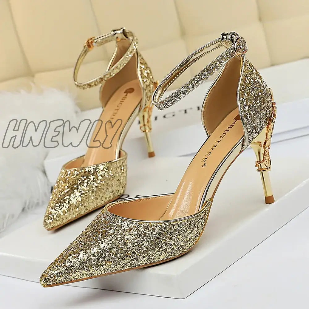 Hnewly New Summer Women 7.5cm 9.5cm High Heels Bling Sandals Lady Wedding Bridal Low Heels Gold Silver Sandles Sparkly Sequins Shoes