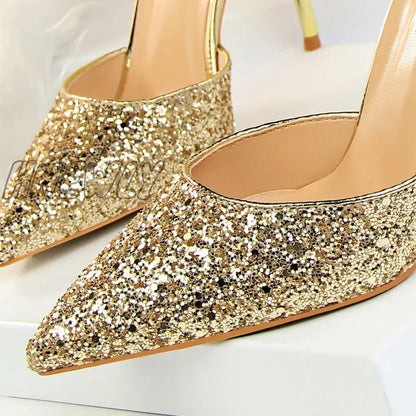 Hnewly New Summer Women 7.5cm 9.5cm High Heels Bling Sandals Lady Wedding Bridal Low Heels Gold Silver Sandles Sparkly Sequins Shoes