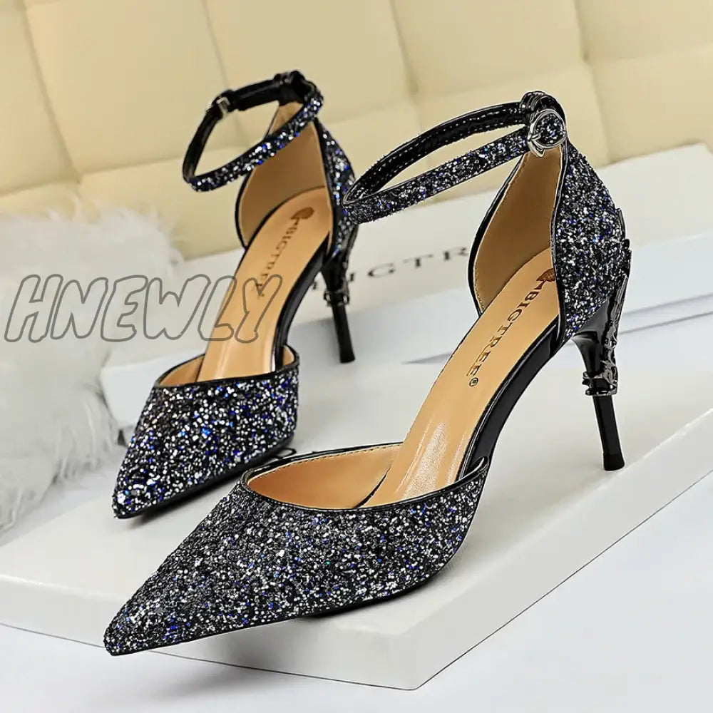 Hnewly New Summer Women 7.5cm 9.5cm High Heels Bling Sandals Lady Wedding Bridal Low Heels Gold Silver Sandles Sparkly Sequins Shoes