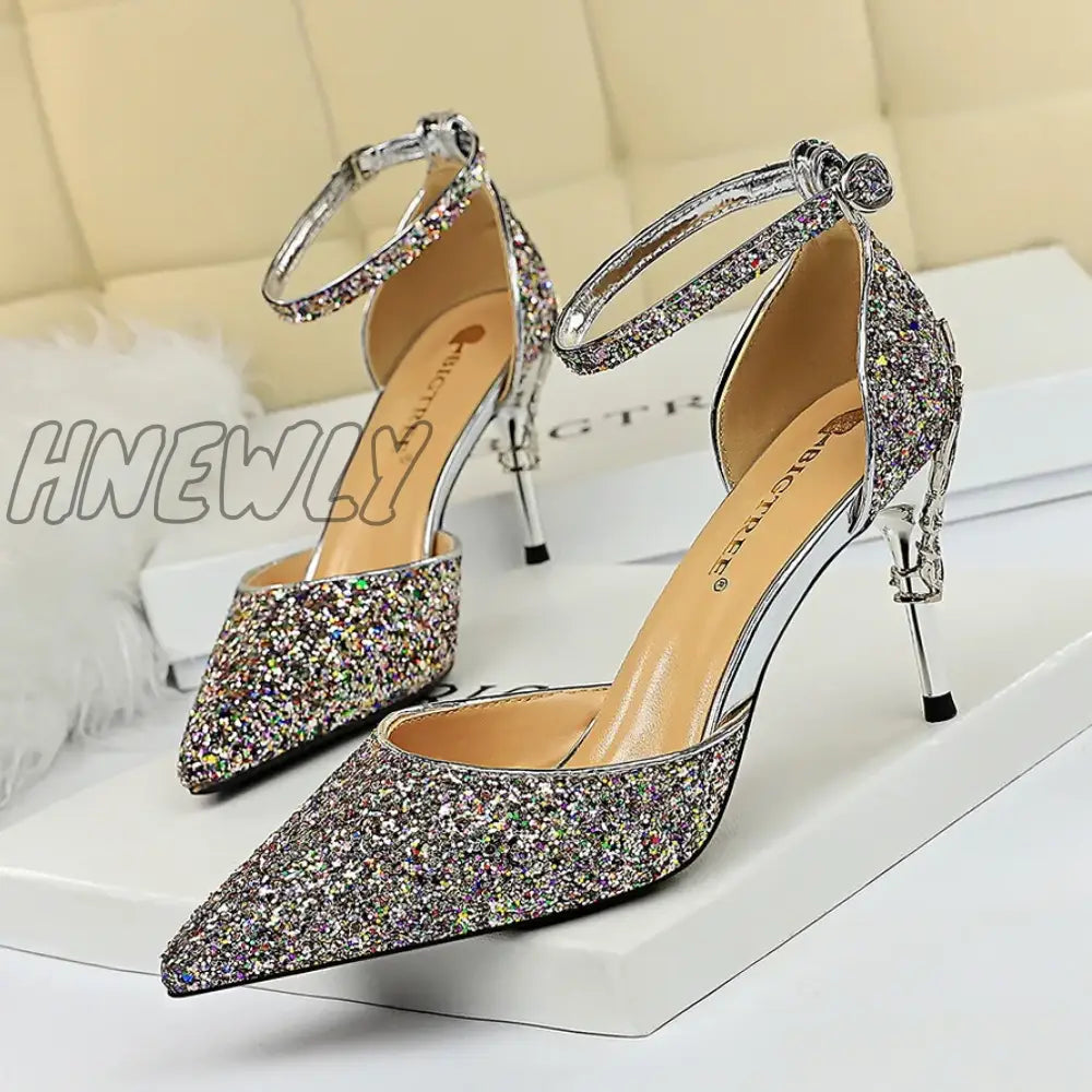 Hnewly New Summer Women 7.5cm 9.5cm High Heels Bling Sandals Lady Wedding Bridal Low Heels Gold Silver Sandles Sparkly Sequins Shoes