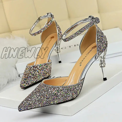 Hnewly New Summer Women 7.5cm 9.5cm High Heels Bling Sandals Lady Wedding Bridal Low Heels Gold Silver Sandles Sparkly Sequins Shoes