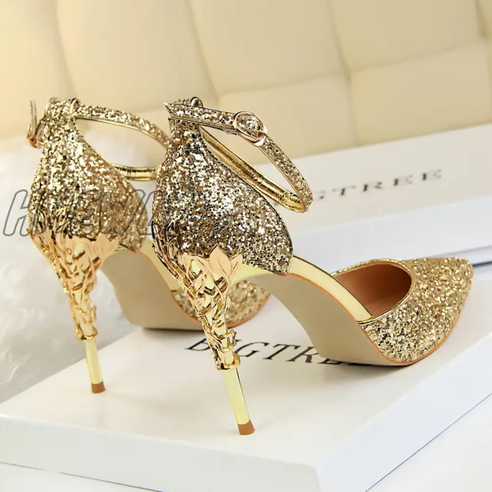 Hnewly New Summer Women 7.5cm 9.5cm High Heels Bling Sandals Lady Wedding Bridal Low Heels Gold Silver Sandles Sparkly Sequins Shoes