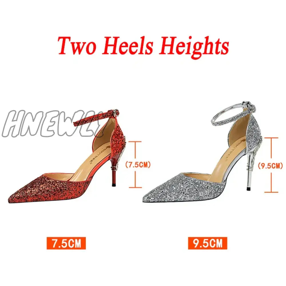 Hnewly New Summer Women 7.5cm 9.5cm High Heels Bling Sandals Lady Wedding Bridal Low Heels Gold Silver Sandles Sparkly Sequins Shoes