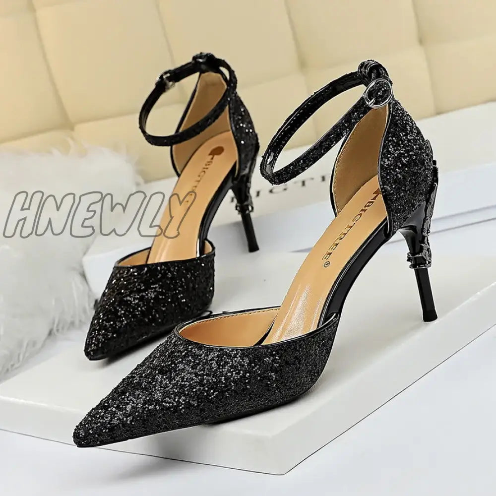 Hnewly New Summer Women 7.5cm 9.5cm High Heels Bling Sandals Lady Wedding Bridal Low Heels Gold Silver Sandles Sparkly Sequins Shoes