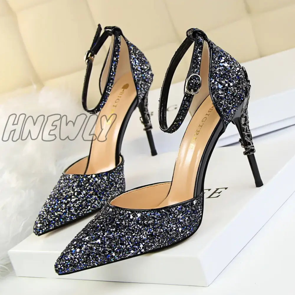 Hnewly New Summer Women 7.5cm 9.5cm High Heels Bling Sandals Lady Wedding Bridal Low Heels Gold Silver Sandles Sparkly Sequins Shoes