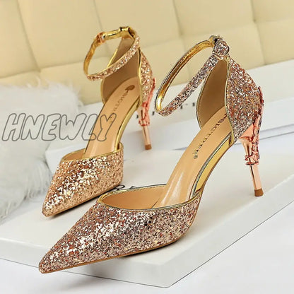 Hnewly New Summer Women 7.5cm 9.5cm High Heels Bling Sandals Lady Wedding Bridal Low Heels Gold Silver Sandles Sparkly Sequins Shoes