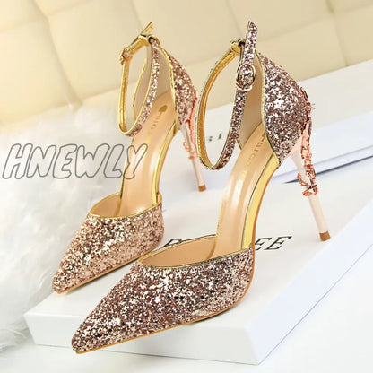 Hnewly New Summer Women 7.5cm 9.5cm High Heels Bling Sandals Lady Wedding Bridal Low Heels Gold Silver Sandles Sparkly Sequins Shoes