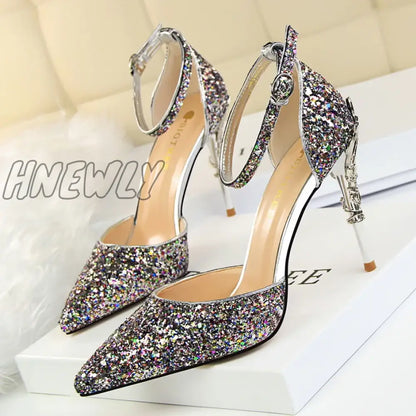 Hnewly New Summer Women 7.5cm 9.5cm High Heels Bling Sandals Lady Wedding Bridal Low Heels Gold Silver Sandles Sparkly Sequins Shoes