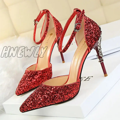 Hnewly New Summer Women 7.5cm 9.5cm High Heels Bling Sandals Lady Wedding Bridal Low Heels Gold Silver Sandles Sparkly Sequins Shoes