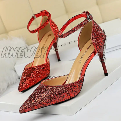 Hnewly New Summer Women 7.5cm 9.5cm High Heels Bling Sandals Lady Wedding Bridal Low Heels Gold Silver Sandles Sparkly Sequins Shoes