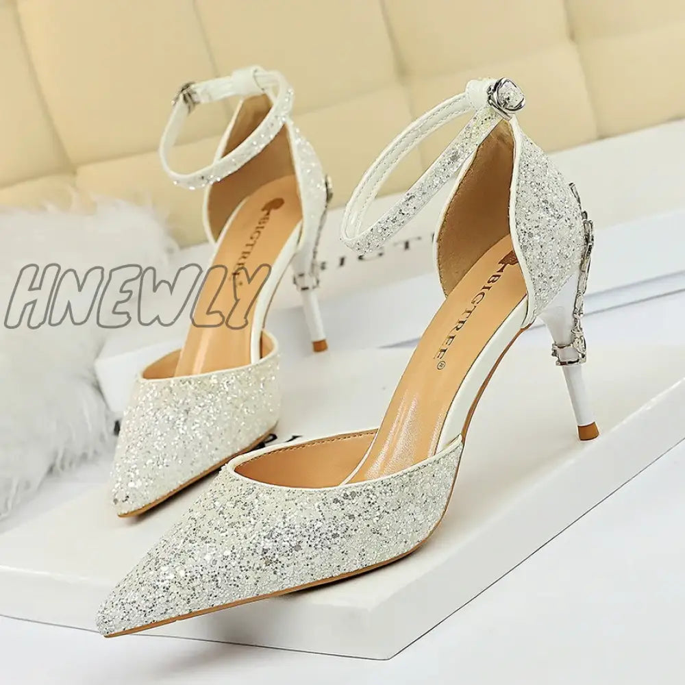 Hnewly New Summer Women 7.5cm 9.5cm High Heels Bling Sandals Lady Wedding Bridal Low Heels Gold Silver Sandles Sparkly Sequins Shoes