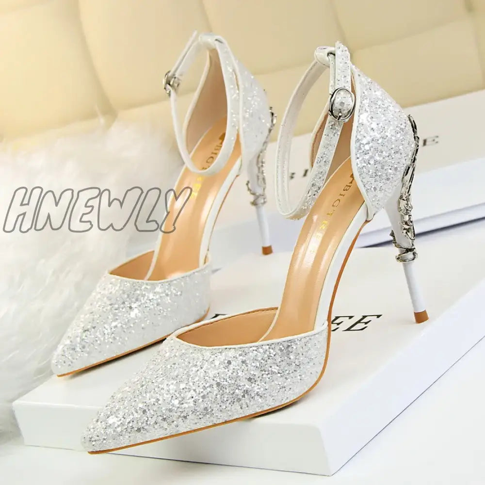 Hnewly New Summer Women 7.5cm 9.5cm High Heels Bling Sandals Lady Wedding Bridal Low Heels Gold Silver Sandles Sparkly Sequins Shoes