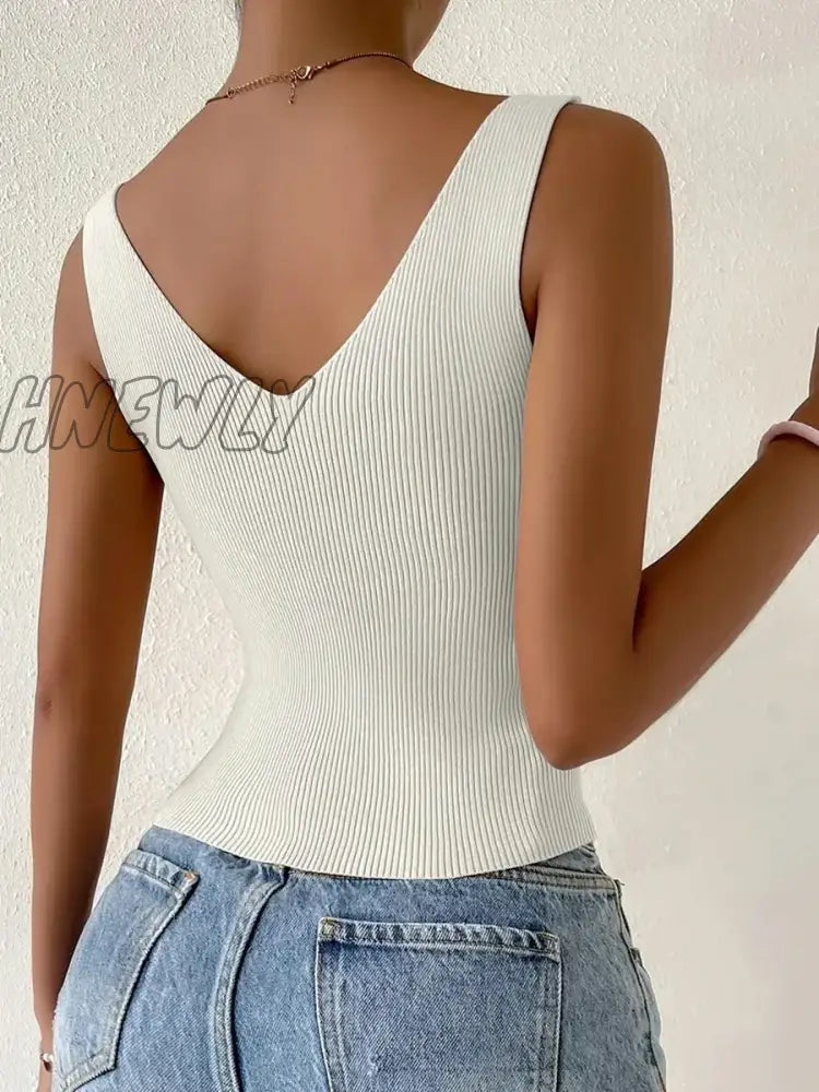 xsrrr New Summer Women Drawstring Front Ribbed Knit Tops Femme Sexy V Neck Sleeveless Crop Top Clothes High Stretch Split Cropped Tank