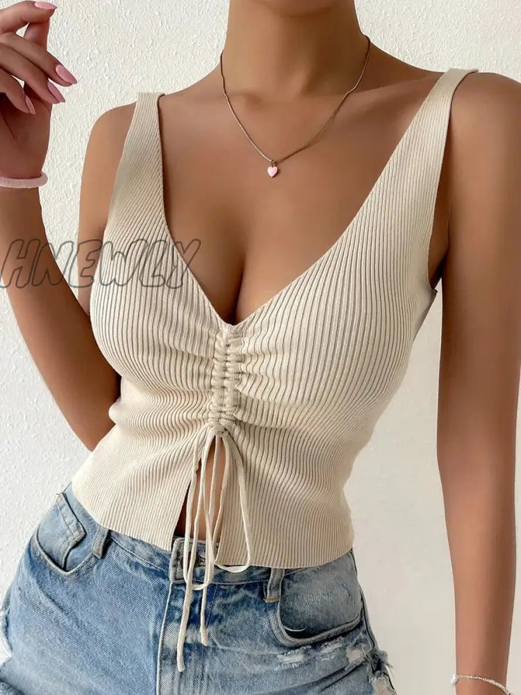 xsrrr New Summer Women Drawstring Front Ribbed Knit Tops Femme Sexy V Neck Sleeveless Crop Top Clothes High Stretch Split Cropped Tank