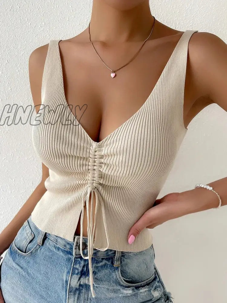 xsrrr New Summer Women Drawstring Front Ribbed Knit Tops Femme Sexy V Neck Sleeveless Crop Top Clothes High Stretch Split Cropped Tank