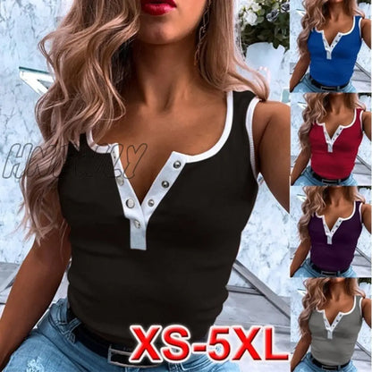 Hnewly New Summer Women Half-open Button Knit Tank Tops V-Neck Sleeveless  Slim Splice Tops Oversize S-5XL Woman Street Vest Shirt Tee